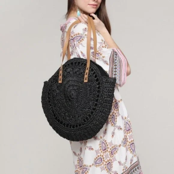 Boho Black Circular Minimalist Tote Bag Beach - Picture 3 of 3
